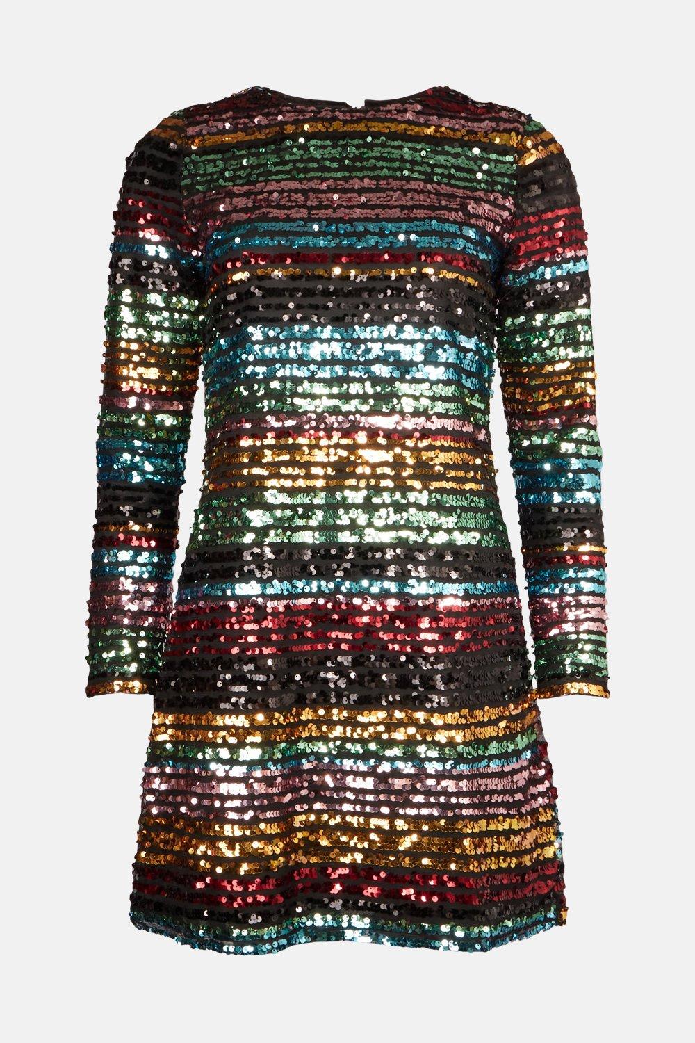 Rainbow Stripe Sequin Long Sleeve Dress ...
